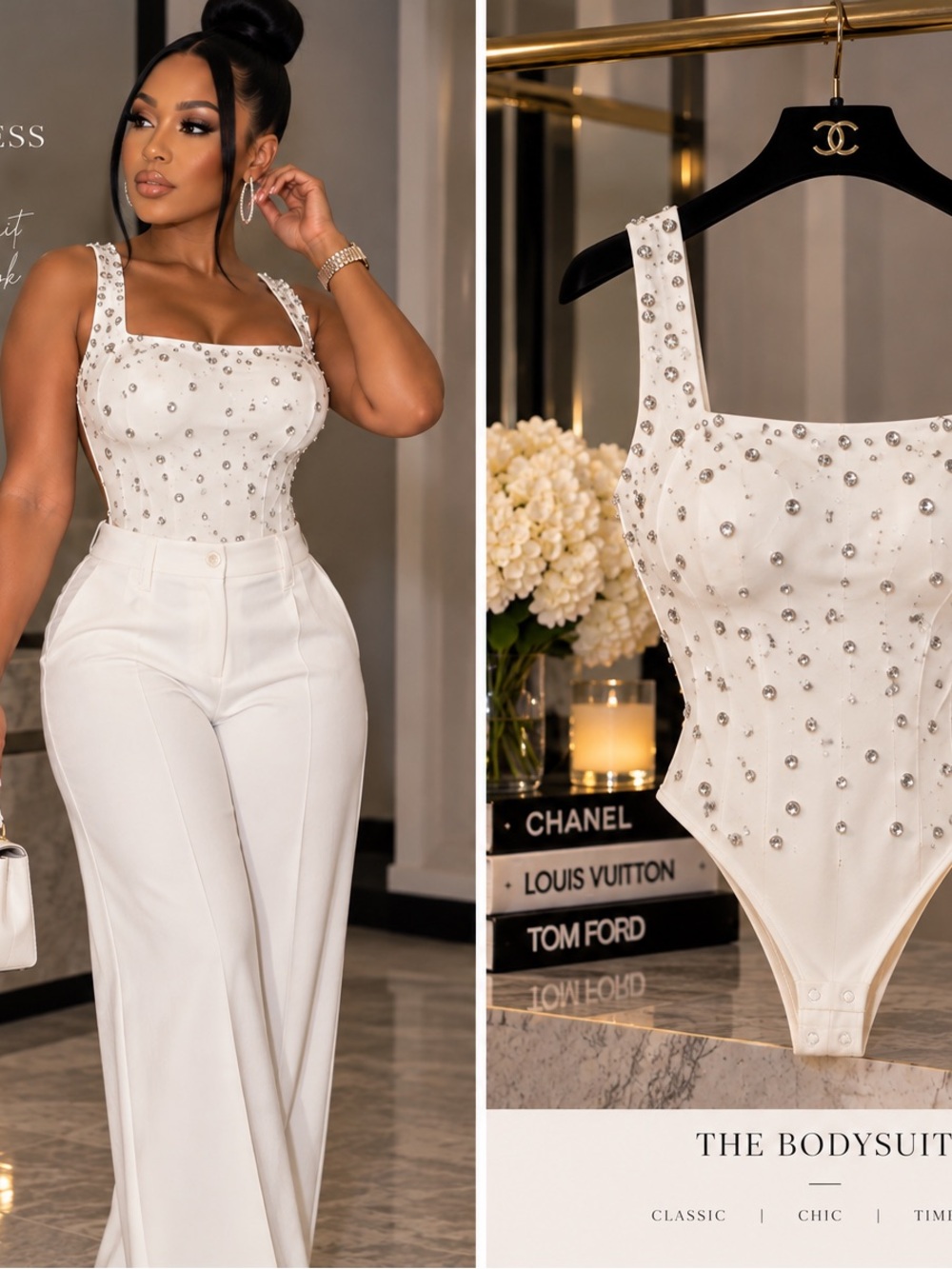 Embellished White Tank Bodysuit - Women's Sparkle Strap Top